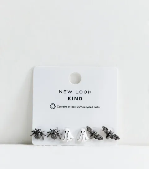 Silver Tone Pack Of 3 Halloween Spider Ghost and Bat Stud Earrings