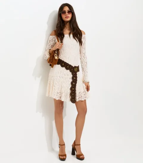 Women's Cream Asymmetric Dropped Waist Long Sleeve Lace Mini Dress