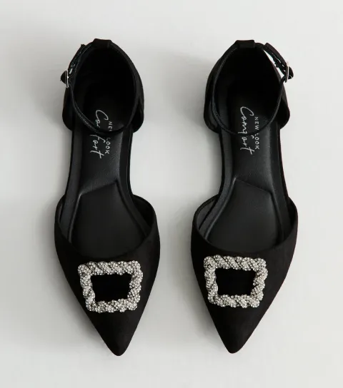 New Look Women's Wide Fit Black Faux Suede Embellished Sandals Vegan