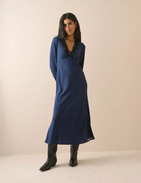 Nobody's Child Polka Dot V-Neck Midi Tea Dress Blue