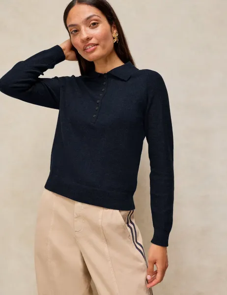 White Stuff Merino Wool Blend Polo Collar Jumper Dark Navy