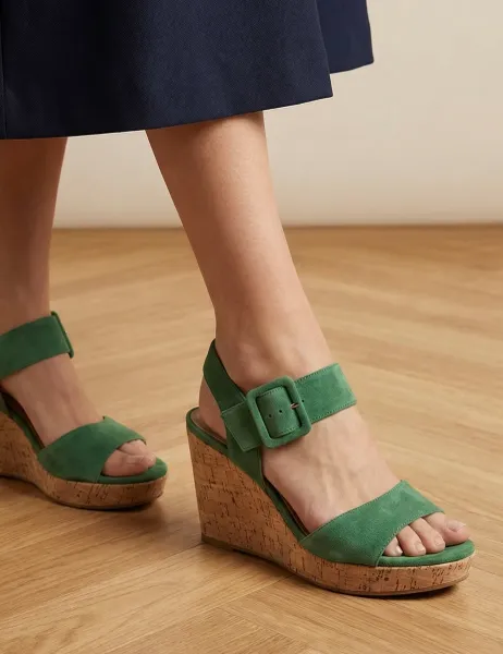 Jones Bootmaker Suede Wedge Sandals Green
