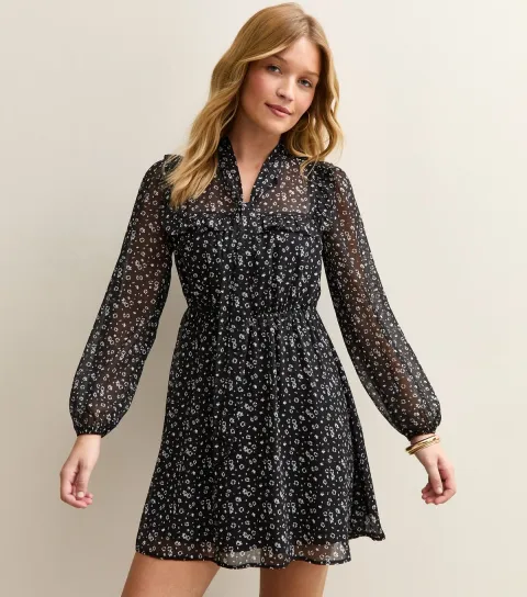 Women's Black Chiffon Floral Mini Dress