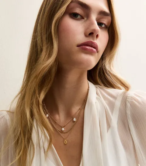 Gold Tone Triple Layered Faux Pearl Drop Necklace