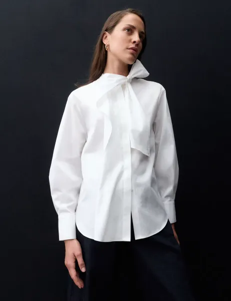 Autograph Pure Cotton Tie Neck Shirt Soft White