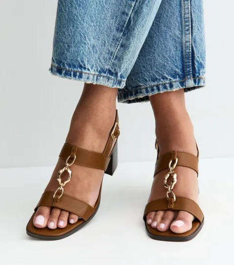 Women's Tan Faux Leather Chain Strap Block Heel Sandals Vegan