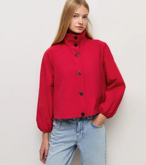 Women's Bright Red Button Front Windbreaker Jacket