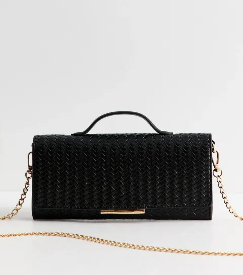 New Look Black Faux Leather Woven Top Handle Clutch Bag
