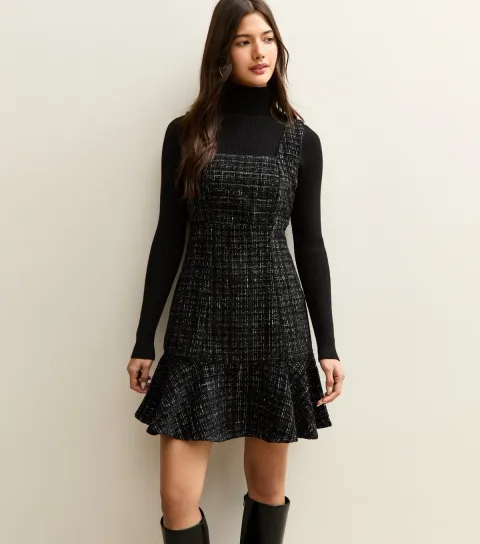 Women's Black Square Neck Boucle Mini Dress
