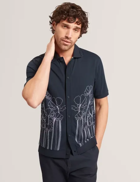 Ted Baker Pure Cotton Embroidered Short Sleeve Shirt Navy