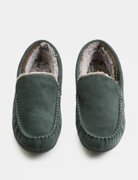 Marks & Spencer Suede Fleece Lined Moccasin Slippers Med Blue Denim
