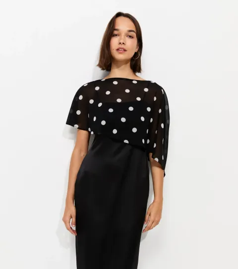 Women's Black Satin Spot Print Cape Midi Dress