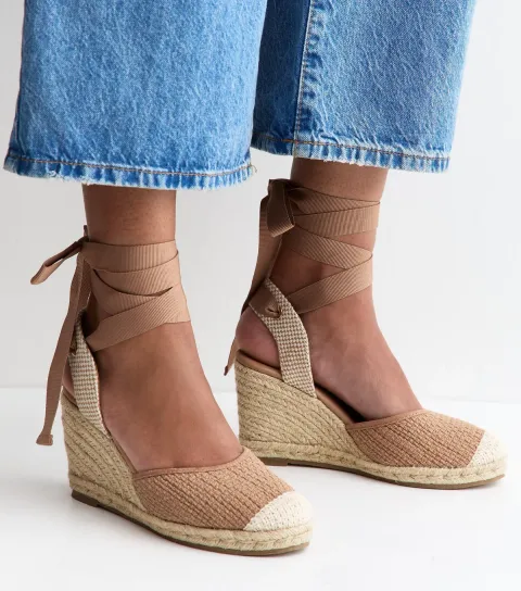 Women's Light Pink Woven Ankle Tie Wedge Espadrilles Vegan