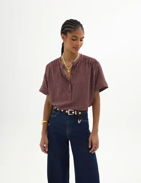 HUSH Striped Crew Neck Button Front Blouse Red Mix