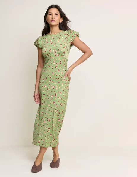 Nobody's Child Floral Crew Neck Puff Sleeve Midi Tea Dress Green Mix