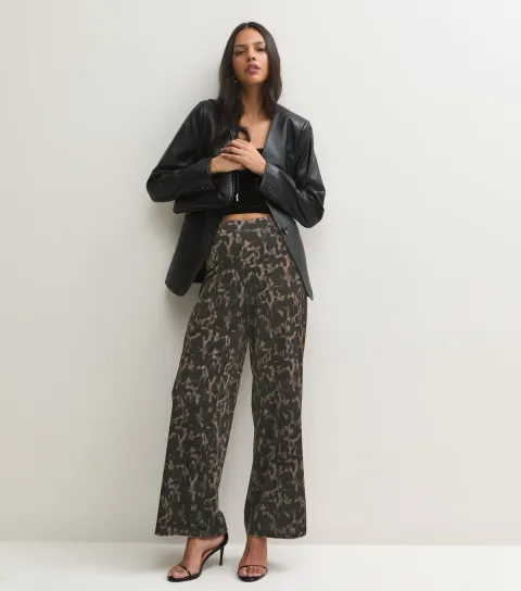 New Look Women's Brown Animal Print Devore Wide Leg Trousers