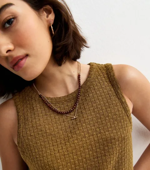 Women's Khaki Brown Soft Touch Textured Slit Hem Vest Top