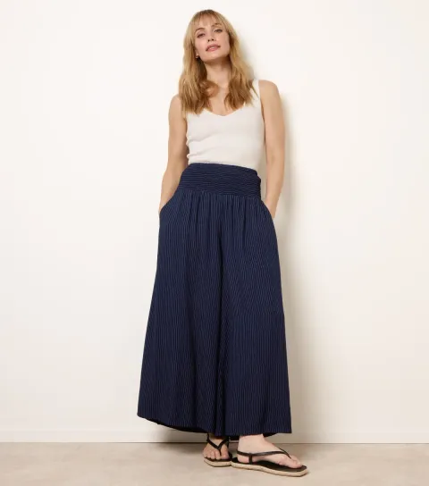 Women's Navy Striped Shirred Waist Wide Leg Trousers