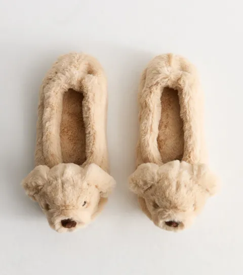 New Look Women's Camel Faux Fur Dog Shaped Slippers