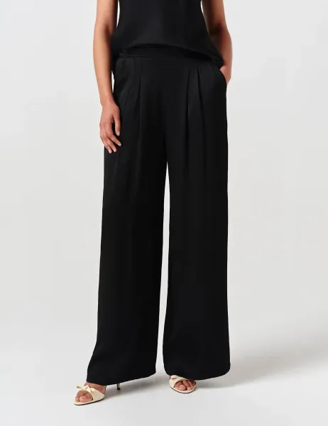 Satin Pleated Wide Leg Trousers Black