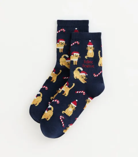 Navy Christmas Feline Festive Cat Illustration Socks