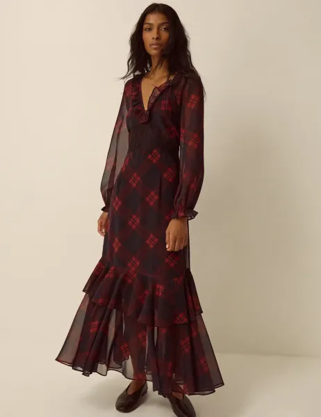 Monsoon Checked Lace V Neck Zip Up Maxi Tea Dress