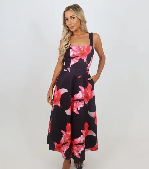 Women's Black Floral A-Line Midi Dress