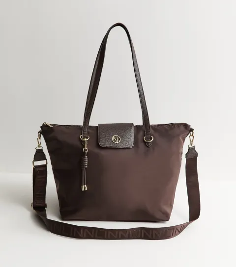 New Look Dark Brown Fabric Zip Top Tote Bag