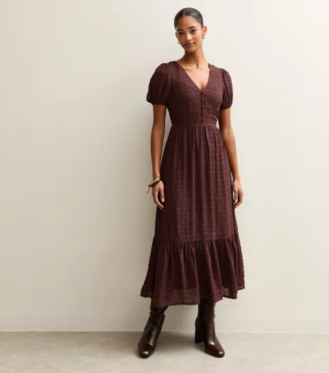 Women's Brown Checked Button Through Midi Dress