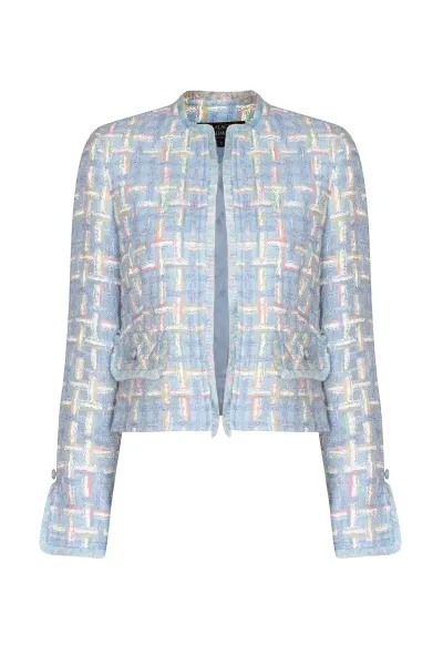 Sky Blue Featherweight Tweed Short Jacket with Pastel Overchecks - Carrie