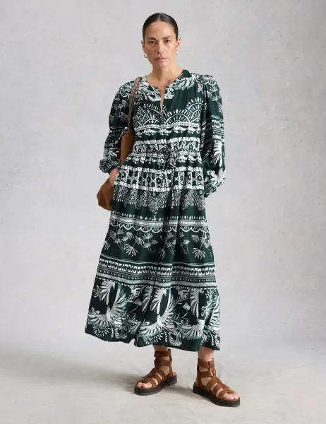 White Stuff Lana Printed Tie Waist Midi Tea Dress Green Mix