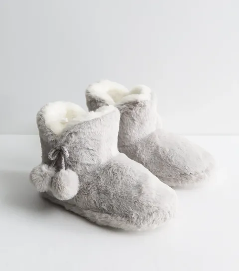 Women's Grey Faux Fur Pom Pom Tassel Slipper Boots