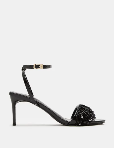 Marks & Spencer Buckle Fringed Stiletto Heel Open Toe Sandal Black