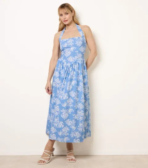 Women's Blue Floral Print Halter Neck Midi Dress