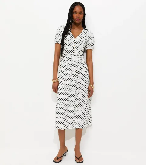 Women's Cream Polka Dot Short Sleeve Midi Dress
