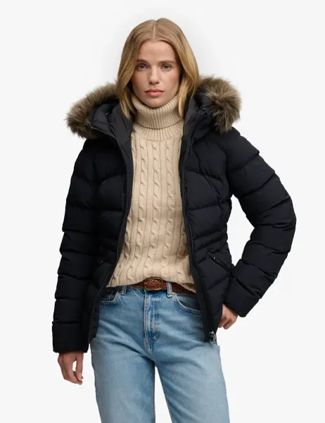 Superdry & Co Hooded Faux Fur Trim Puffer Jacket Black