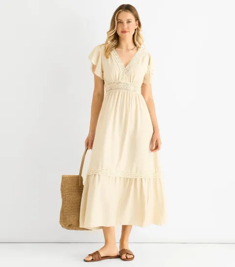 Women's Oatmeal Crochet Lace Panel Midi Dress