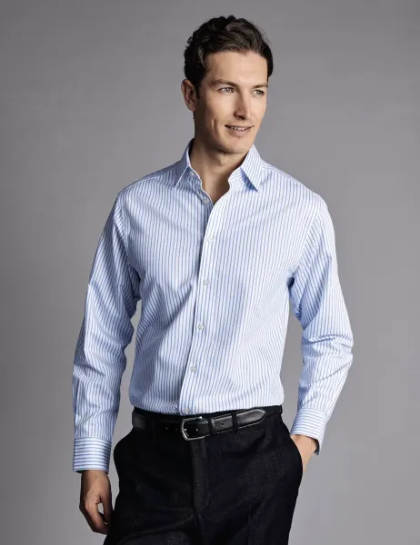 Charles Tyrwhitt Regular Fit Non-Iron Pure Cotton Twill Striped Shirt Light Blue Mix