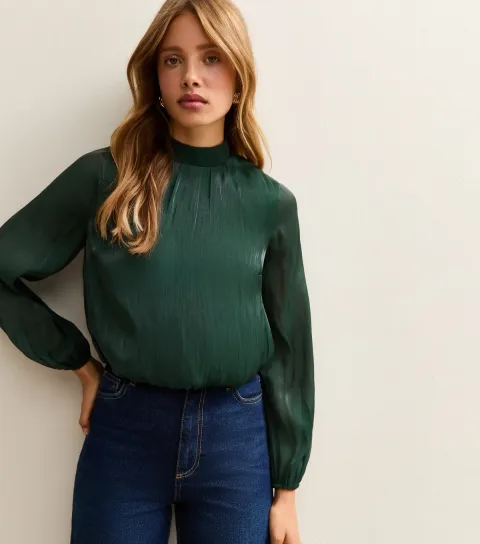 Women's Green Shimmer High Neck Long Sleeve Bubble Hem Top