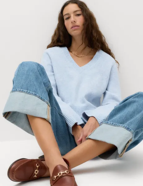 Marks & Spencer V-Neck Relaxed Jumper With Wool Faded Blue