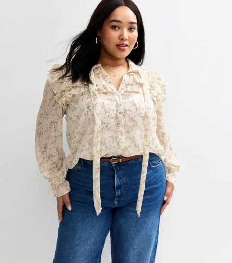 New Look Women's Plus Size White Floral Print Ruffle Trim Blouse Curves