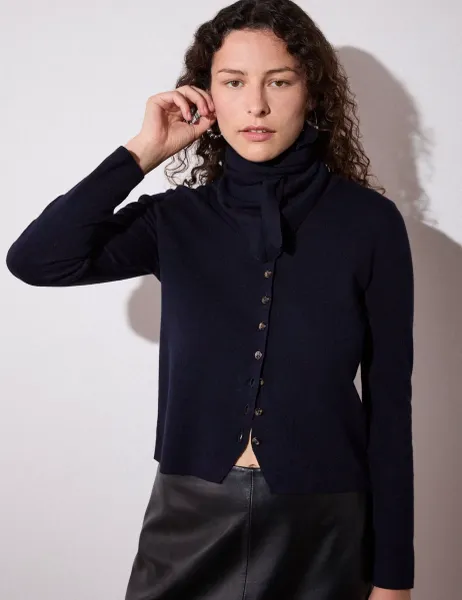 Whistles Cotton Rich Crew Neck Cardigan Navy