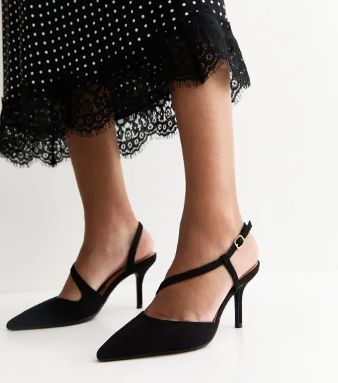 Women's Black Faux Suede Strappy Slingback Court Shoes