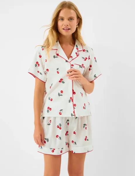 Accessorize Pure Cotton Cherry Print Shortie Set Ivory Mix