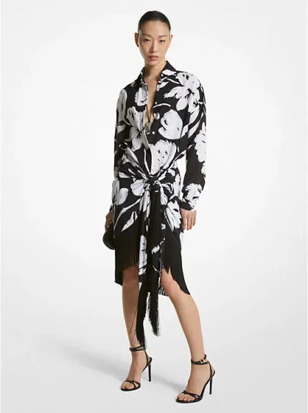 Michael Kors Brushstroke Floral Silk Crepe De Chine Fringed Sarong Skirt