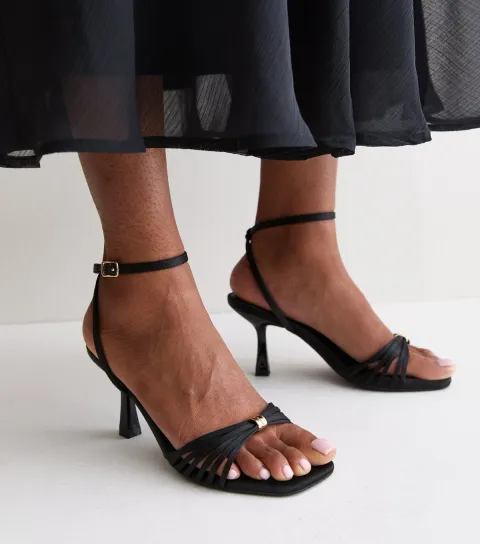 New Look Women's Black Satin Multi Strap Stiletto Heel Sandals Vegan