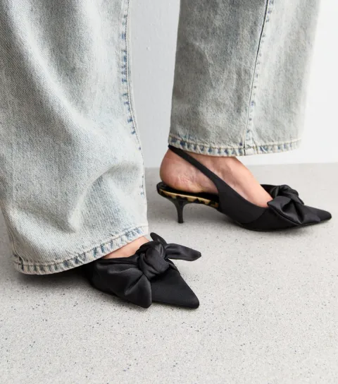 Public Desire Women's Black Bow Satin Kitten Heel Court Shoes