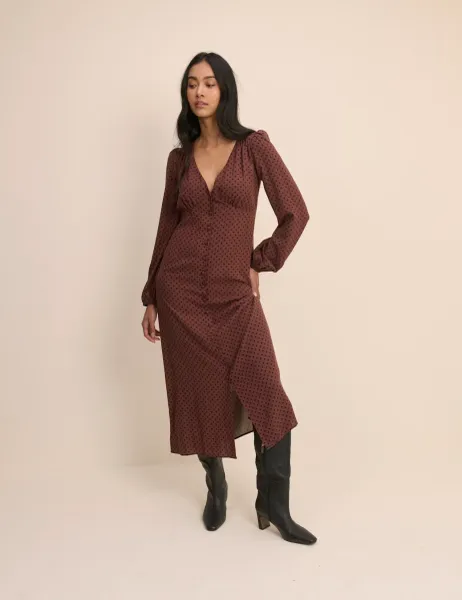 Nobody's Child Polka Dot V-Neck Midi Dress
