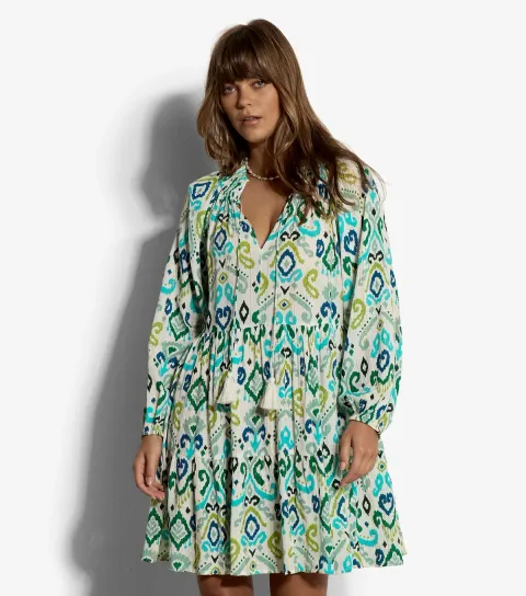 Women's White Ikat Swirl Print Babydoll Dress