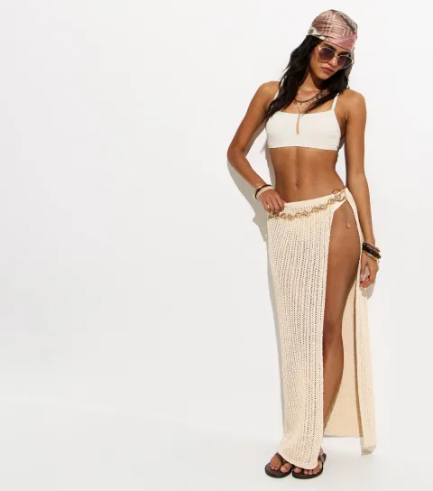 Women's Cream O-Ring Crochet Maxi Skirt
